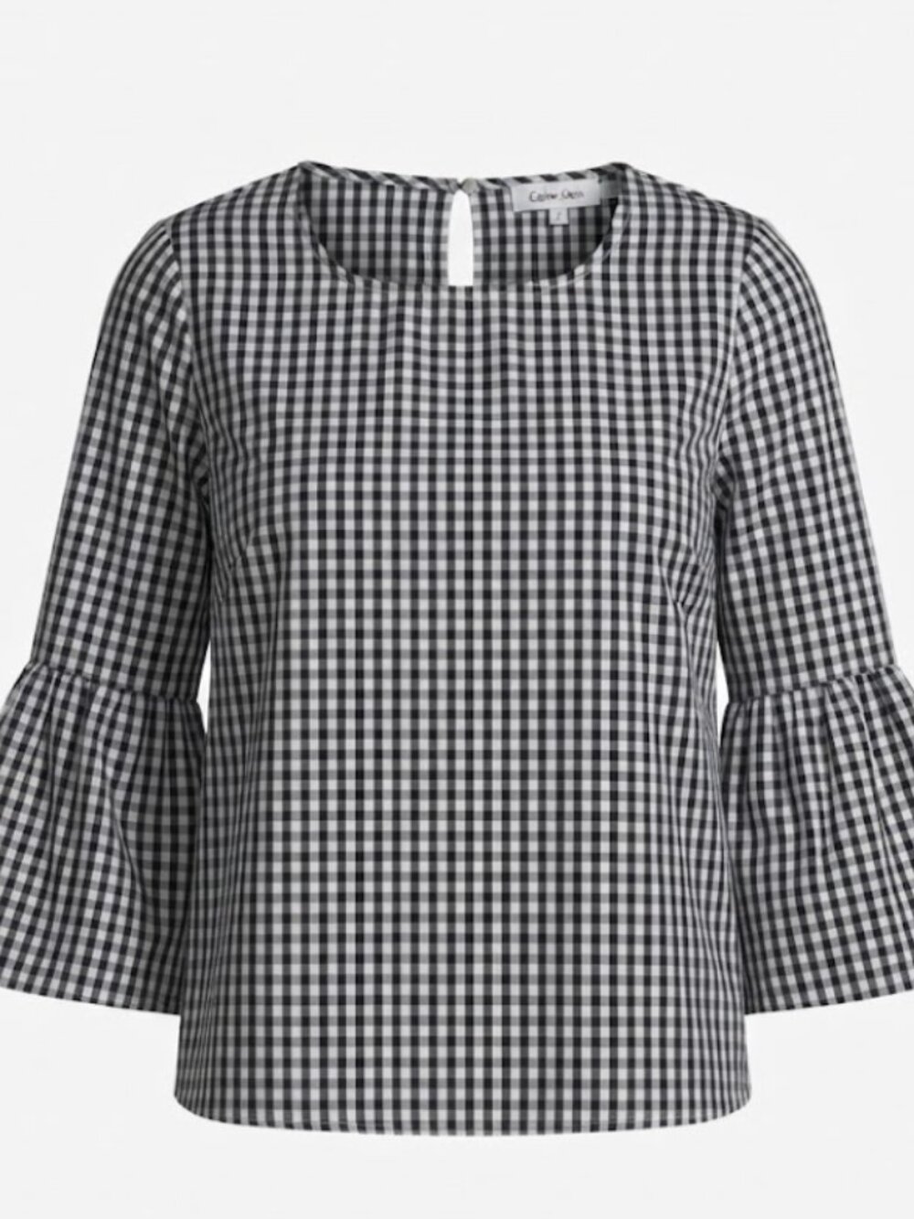 Calvin Klein Black and White Gingham Tiered Sleeve Blouse Size M